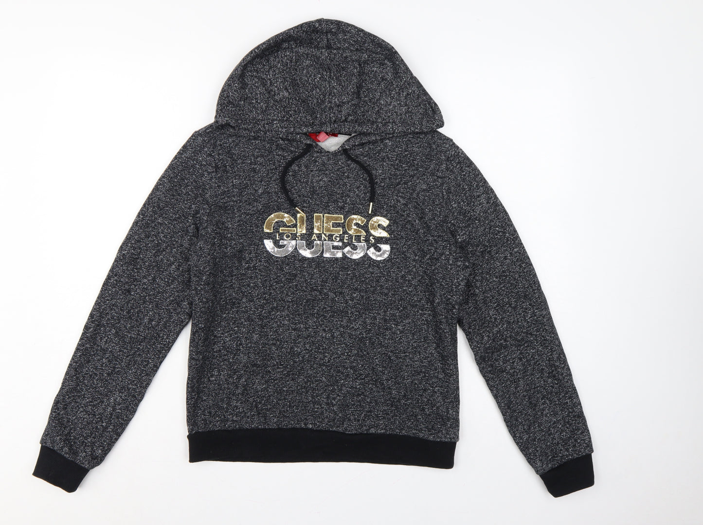 Guess Women’s Grey Marl Logo Hoodie UK 14 M Pullover Drawstring