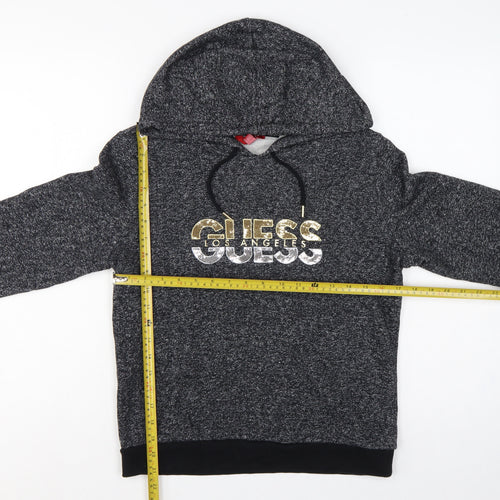 Guess Women’s Grey Marl Logo Hoodie UK 14 M Pullover Drawstring