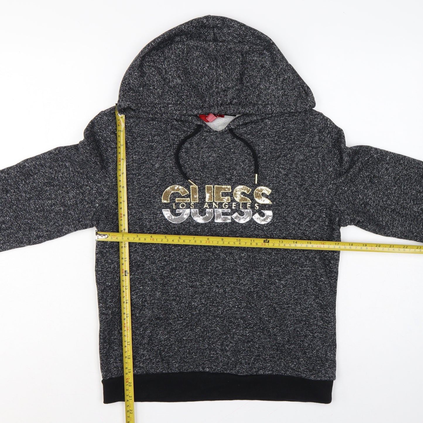 Guess Women’s Grey Marl Logo Hoodie UK 14 M Pullover Drawstring