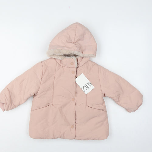 Zara Girls Pink 2-3 Years Hooded Puffer Jacket Faux Fur Trim NWT