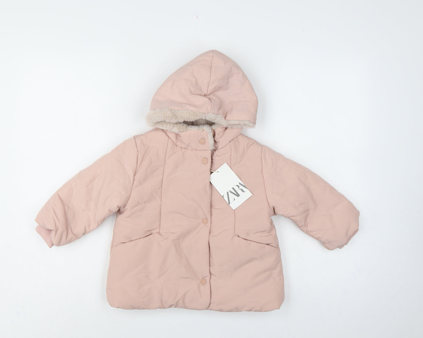 Zara Girls Pink 2-3 Years Hooded Puffer Jacket Faux Fur Trim NWT