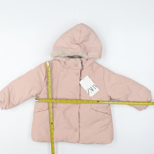 Zara Girls Pink 2-3 Years Hooded Puffer Jacket Faux Fur Trim NWT