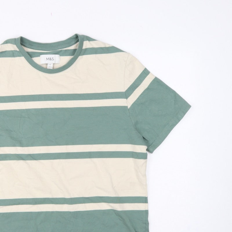 Marks & Spencer Men Green Beige Striped Crew Neck XL T-Shirt