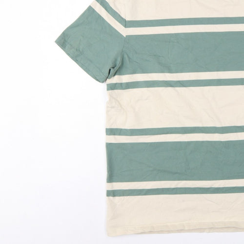 Marks & Spencer Men Green Beige Striped Crew Neck XL T-Shirt