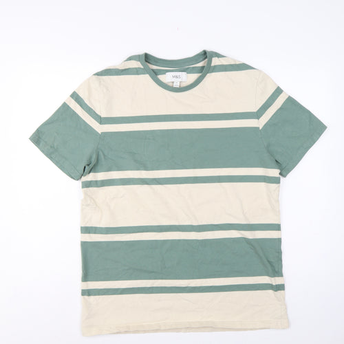Marks & Spencer Men Green Beige Striped Crew Neck XL T-Shirt