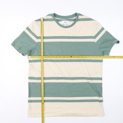 Marks & Spencer Men Green Beige Striped Crew Neck XL T-Shirt
