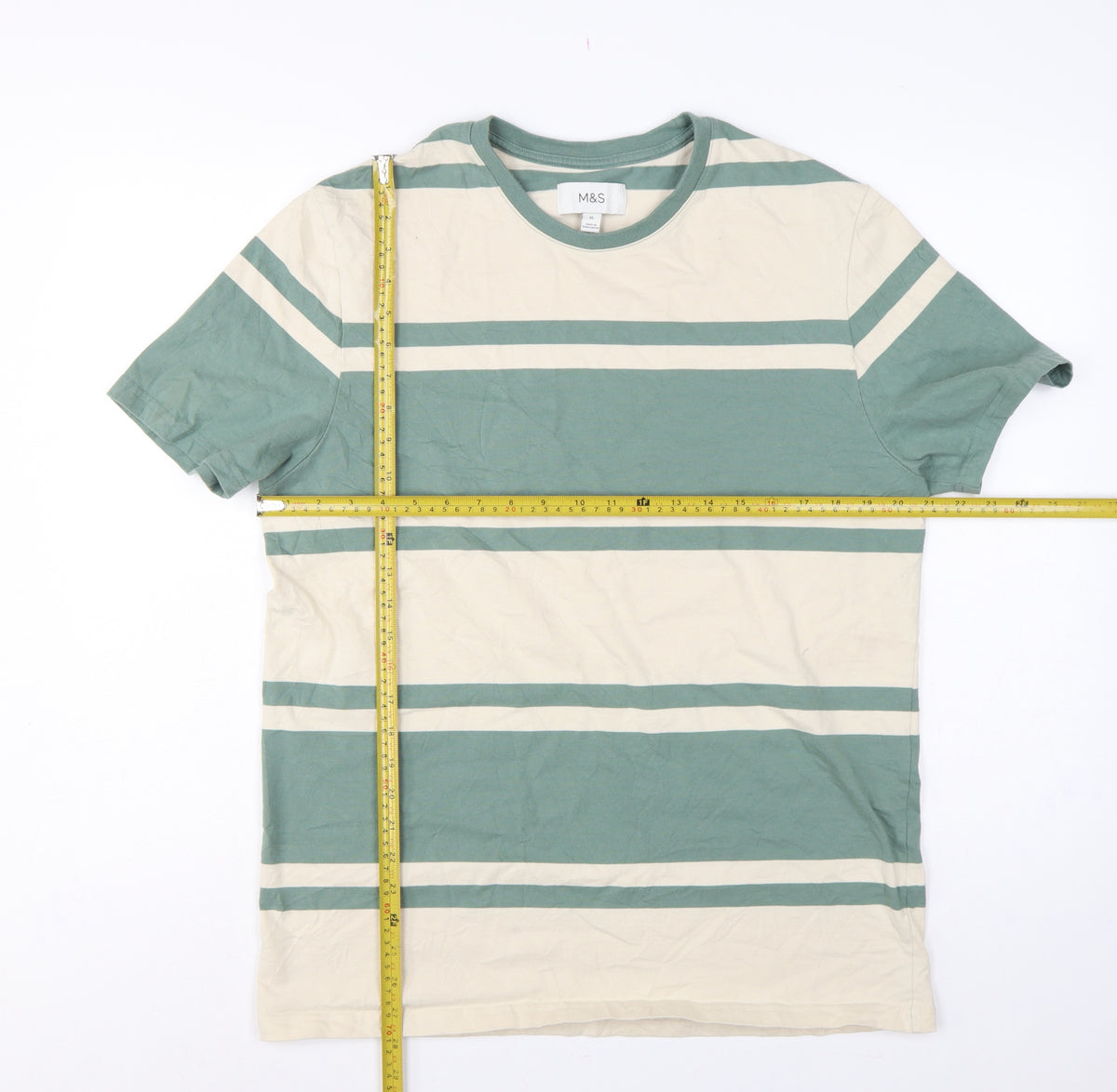 Marks & Spencer Men Green Beige Striped Crew Neck XL T-Shirt
