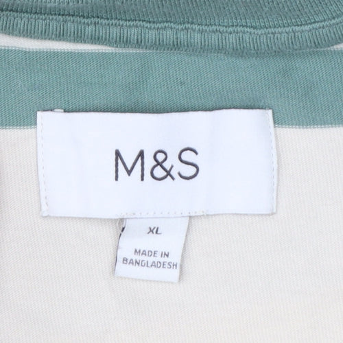 Marks & Spencer Men Green Beige Striped Crew Neck XL T-Shirt
