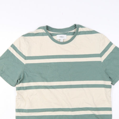 Marks & Spencer Men Green Beige Striped Crew Neck XL T-Shirt