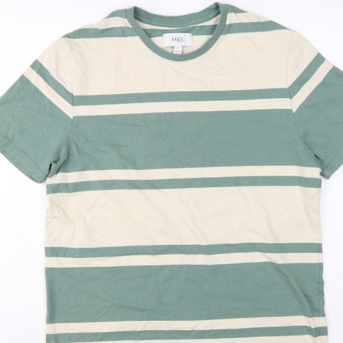 Marks & Spencer Men Green Beige Striped Crew Neck XL T-Shirt