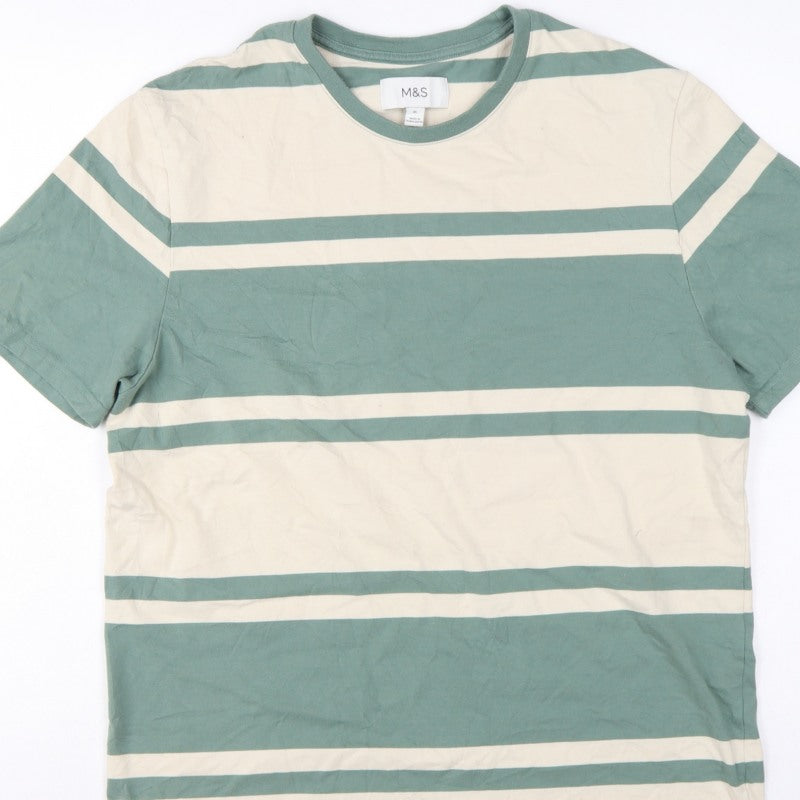 Marks & Spencer Men Green Beige Striped Crew Neck XL T-Shirt