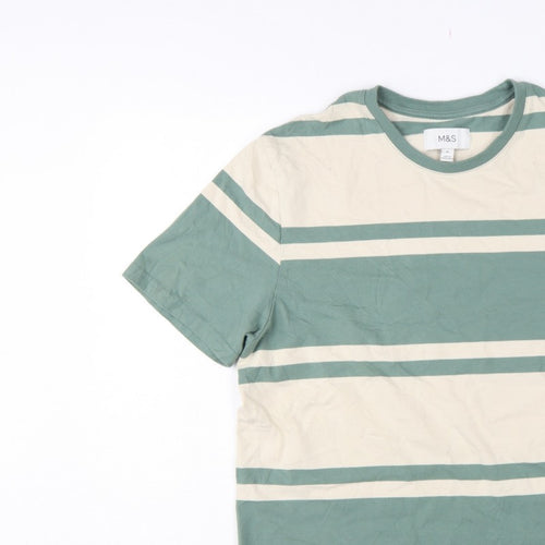 Marks & Spencer Men Green Beige Striped Crew Neck XL T-Shirt
