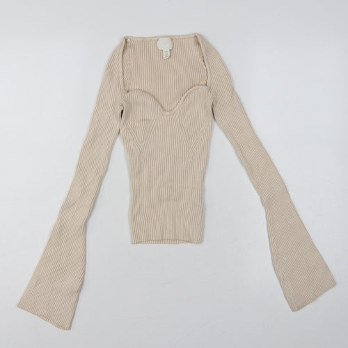 H&M Women Beige XS Rib Knit Square Neck Bell Sleeve Jumper