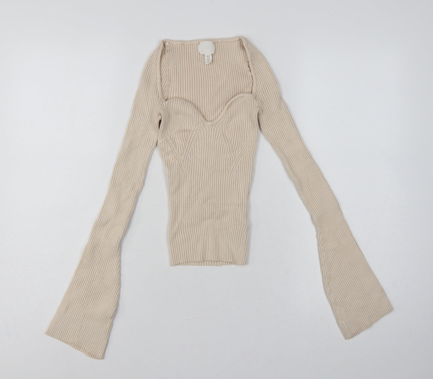 H&M Women Beige XS Rib Knit Square Neck Bell Sleeve Jumper