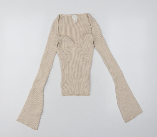 H&M Women Beige XS Rib Knit Square Neck Bell Sleeve Jumper