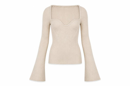H&M Women Beige XS Rib Knit Square Neck Bell Sleeve Jumper