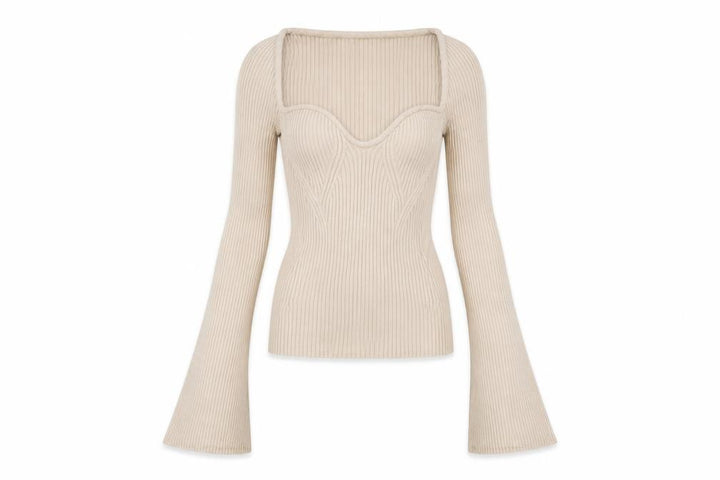 H&M Women Beige XS Rib Knit Square Neck Bell Sleeve Jumper
