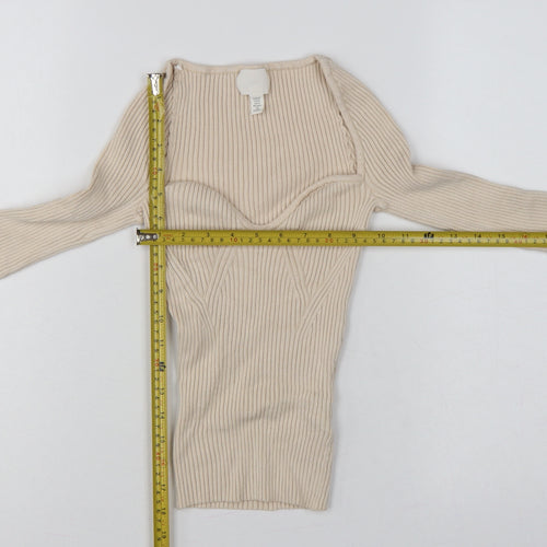 H&M Women Beige XS Rib Knit Square Neck Bell Sleeve Jumper