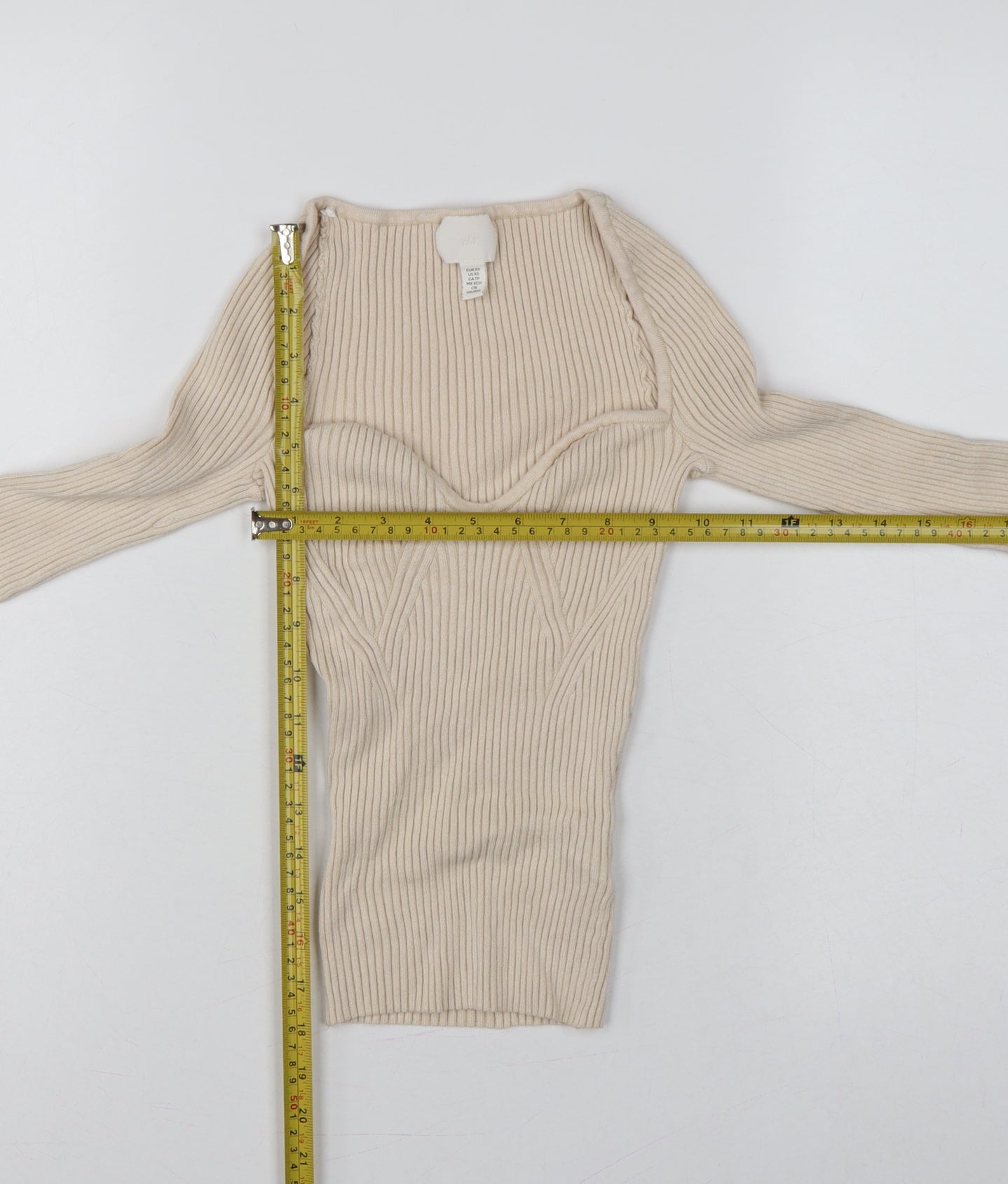 H&M Women Beige XS Rib Knit Square Neck Bell Sleeve Jumper