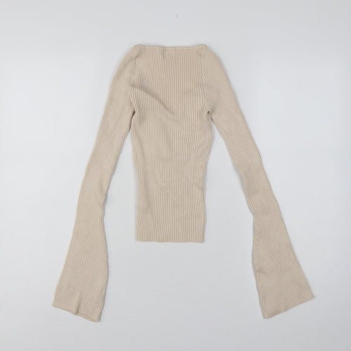 H&M Women Beige XS Rib Knit Square Neck Bell Sleeve Jumper