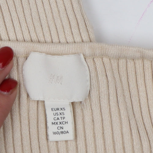 H&M Women Beige XS Rib Knit Square Neck Bell Sleeve Jumper