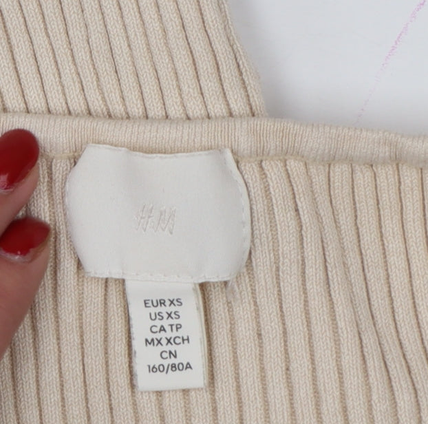 H&M Women Beige XS Rib Knit Square Neck Bell Sleeve Jumper
