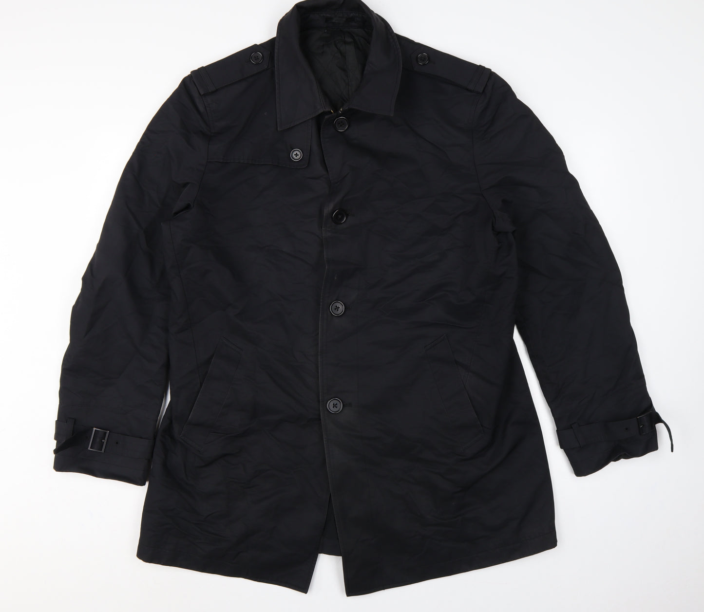 Next Men Black L Cotton Blend Trench Coat Buttoned Belted Cuffs
