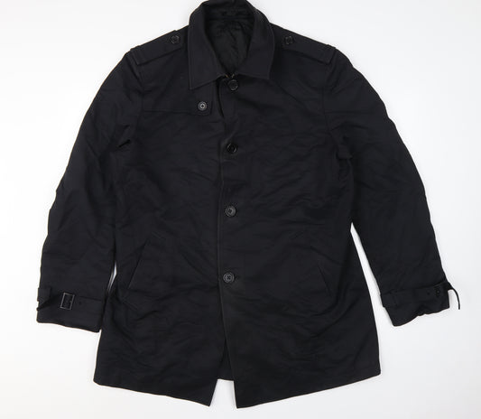 Next Men Black L Cotton Blend Trench Coat Buttoned Belted Cuffs