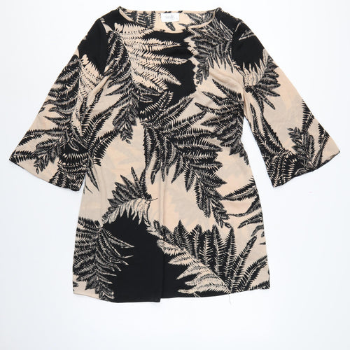 Wallis Women Beige Black Fern Print Petite 14 Shift Dress Bell Sleeve