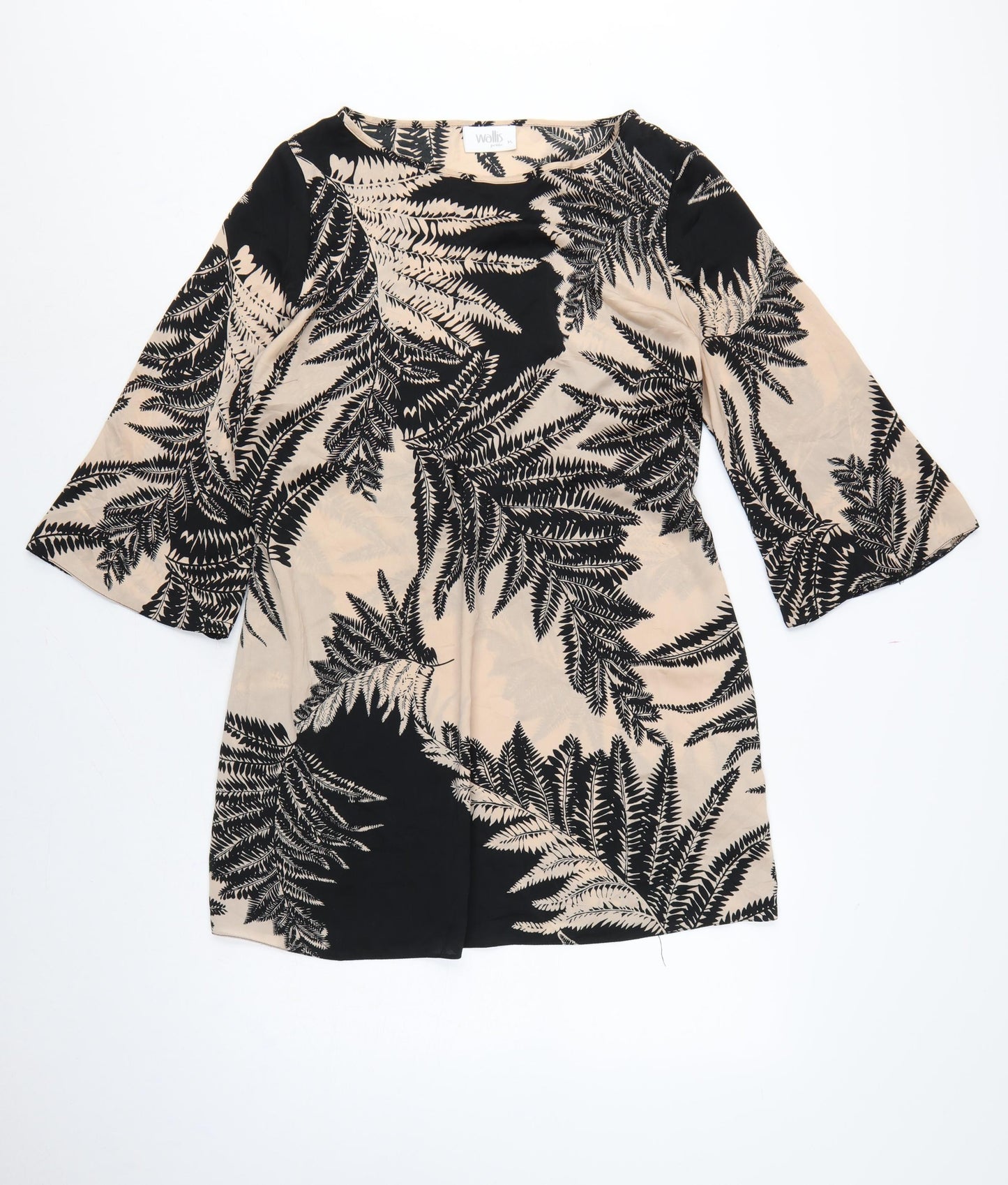 Wallis Women Beige Black Fern Print Petite 14 Shift Dress Bell Sleeve