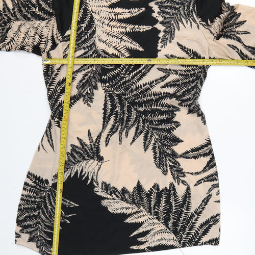 Wallis Women Beige Black Fern Print Petite 14 Shift Dress Bell Sleeve