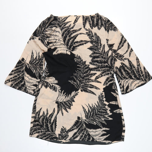 Wallis Women Beige Black Fern Print Petite 14 Shift Dress Bell Sleeve