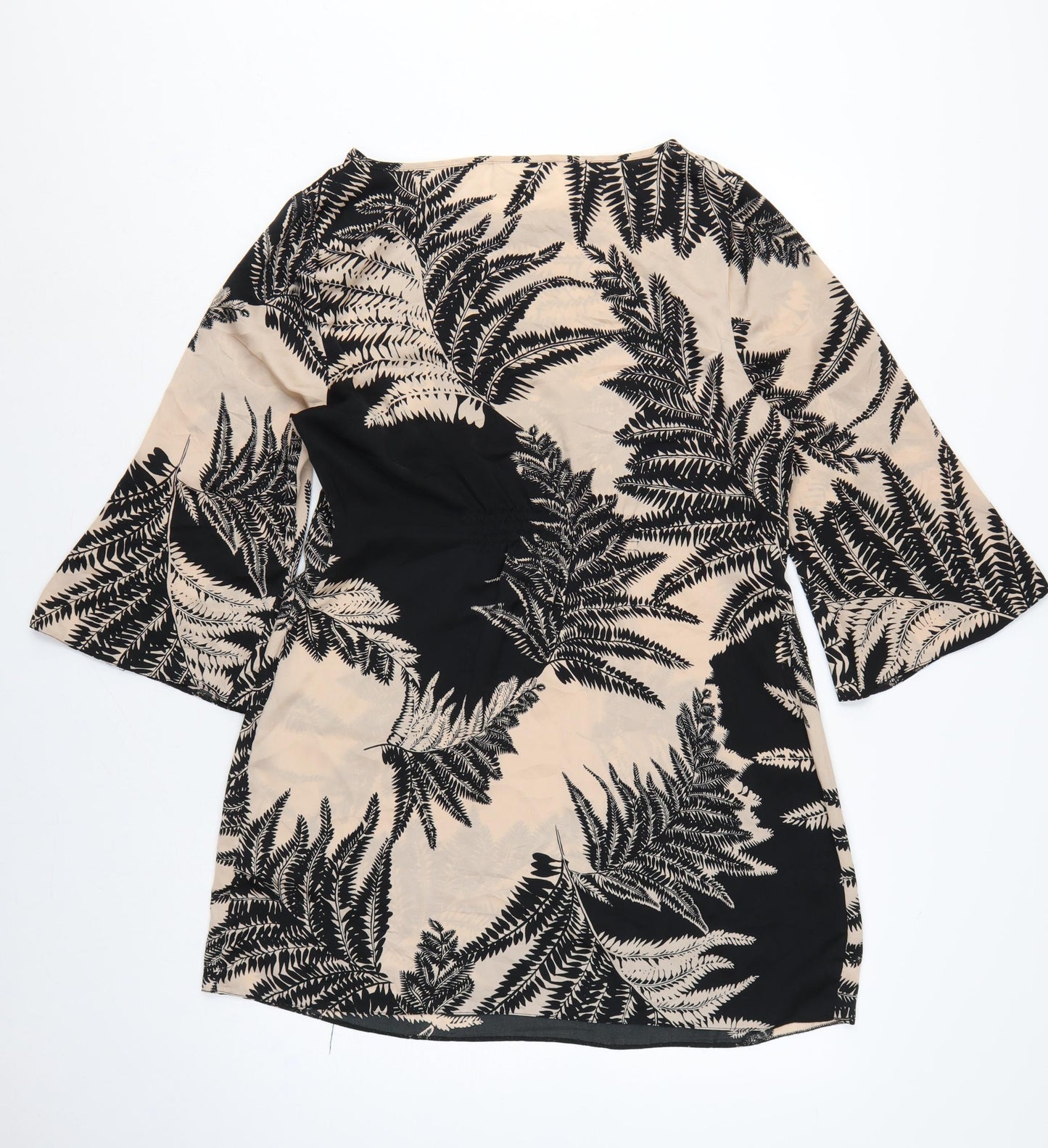 Wallis Women Beige Black Fern Print Petite 14 Shift Dress Bell Sleeve