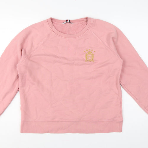 Tommy Hilfiger Women Pink S Crew Neck Logo Cotton Pullover Sweatshirt