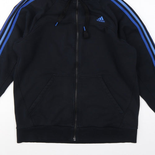 Adidas Men Black L Full Zip Hoodie Blue Striped Logo Sports