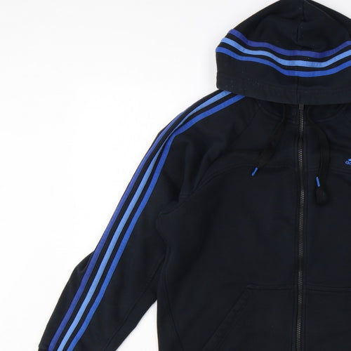 Adidas Men Black L Full Zip Hoodie Blue Striped Logo Sports
