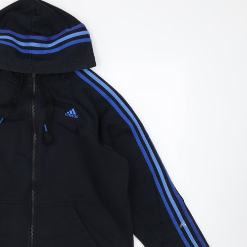 Adidas Men Black L Full Zip Hoodie Blue Striped Logo Sports
