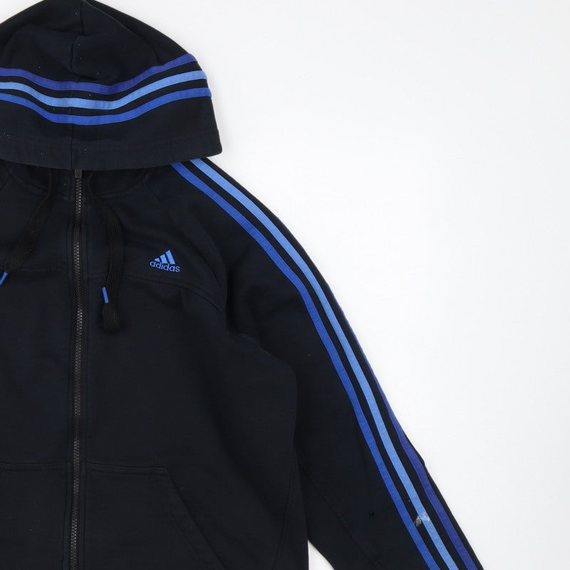 Adidas Men Black L Full Zip Hoodie Blue Striped Logo Sports