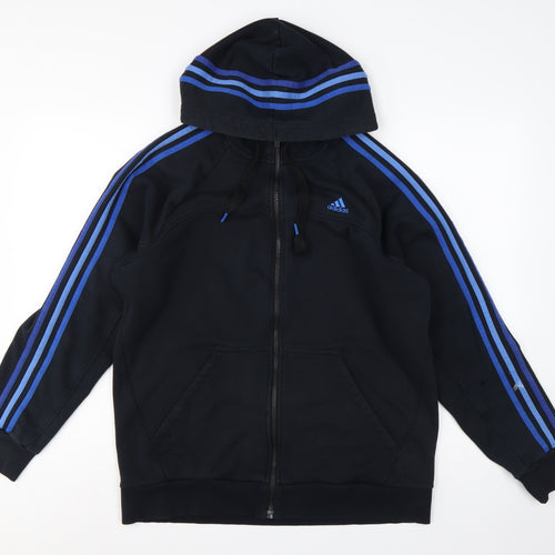 Adidas Men Black L Full Zip Hoodie Blue Striped Logo Sports