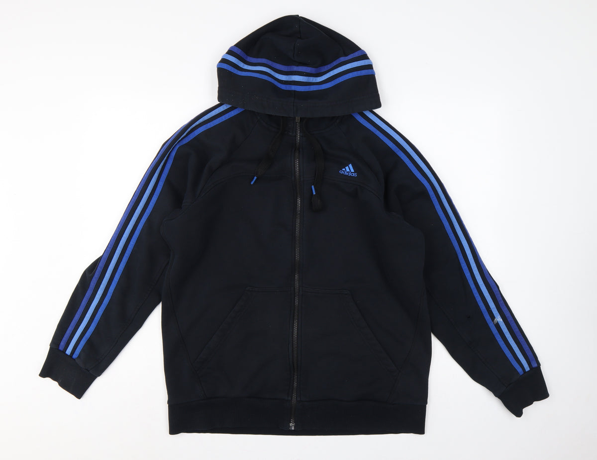 Adidas Men Black L Full Zip Hoodie Blue Striped Logo Sports
