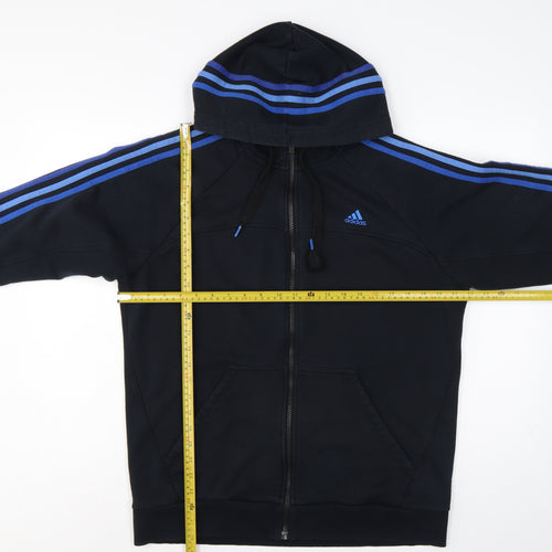 Adidas Men Black L Full Zip Hoodie Blue Striped Logo Sports