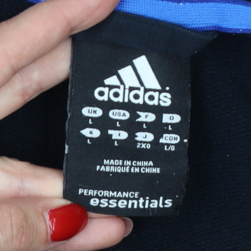 Adidas Men Black L Full Zip Hoodie Blue Striped Logo Sports