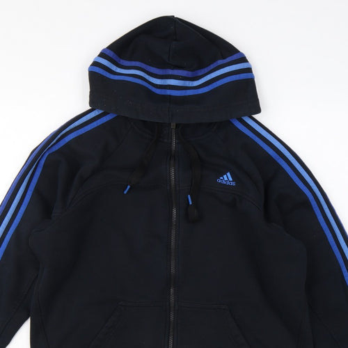 Adidas Men Black L Full Zip Hoodie Blue Striped Logo Sports