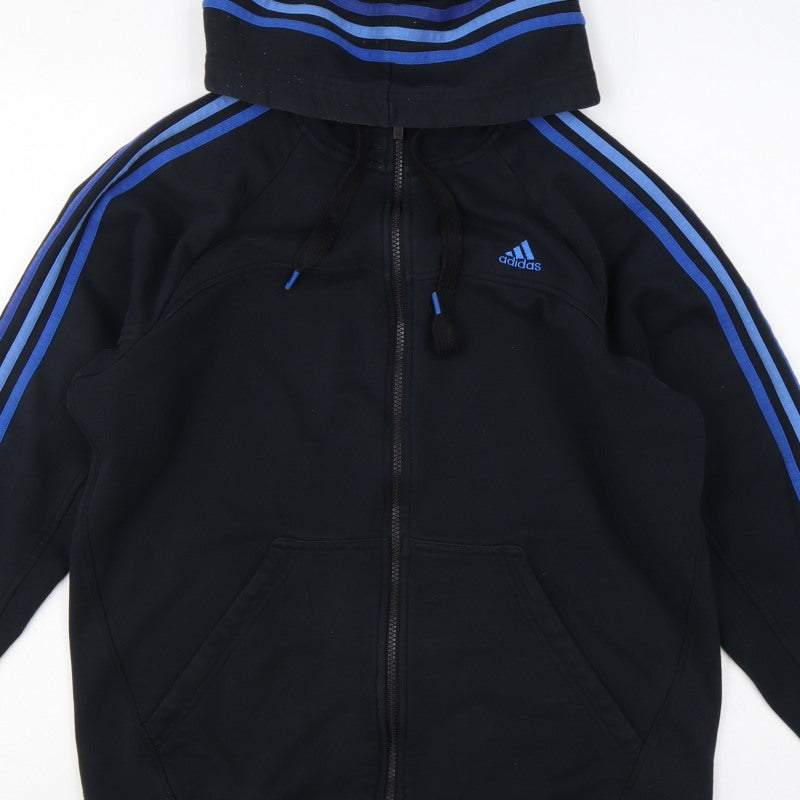 Adidas Men Black L Full Zip Hoodie Blue Striped Logo Sports