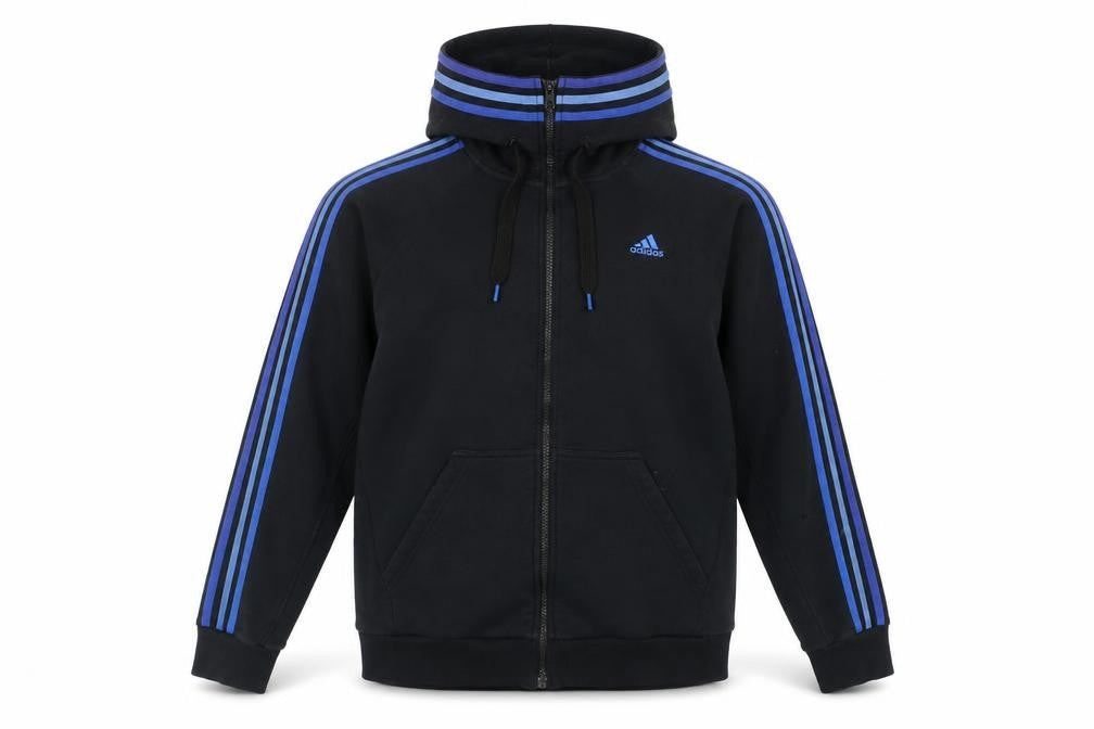 Adidas Men Black L Full Zip Hoodie Blue Striped Logo Sports