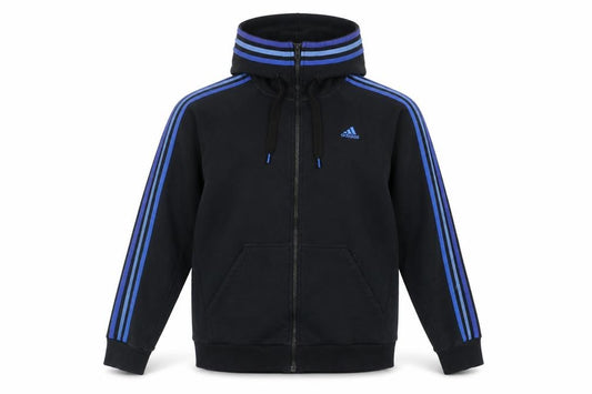 Adidas Men Black L Full Zip Hoodie Blue Striped Logo Sports