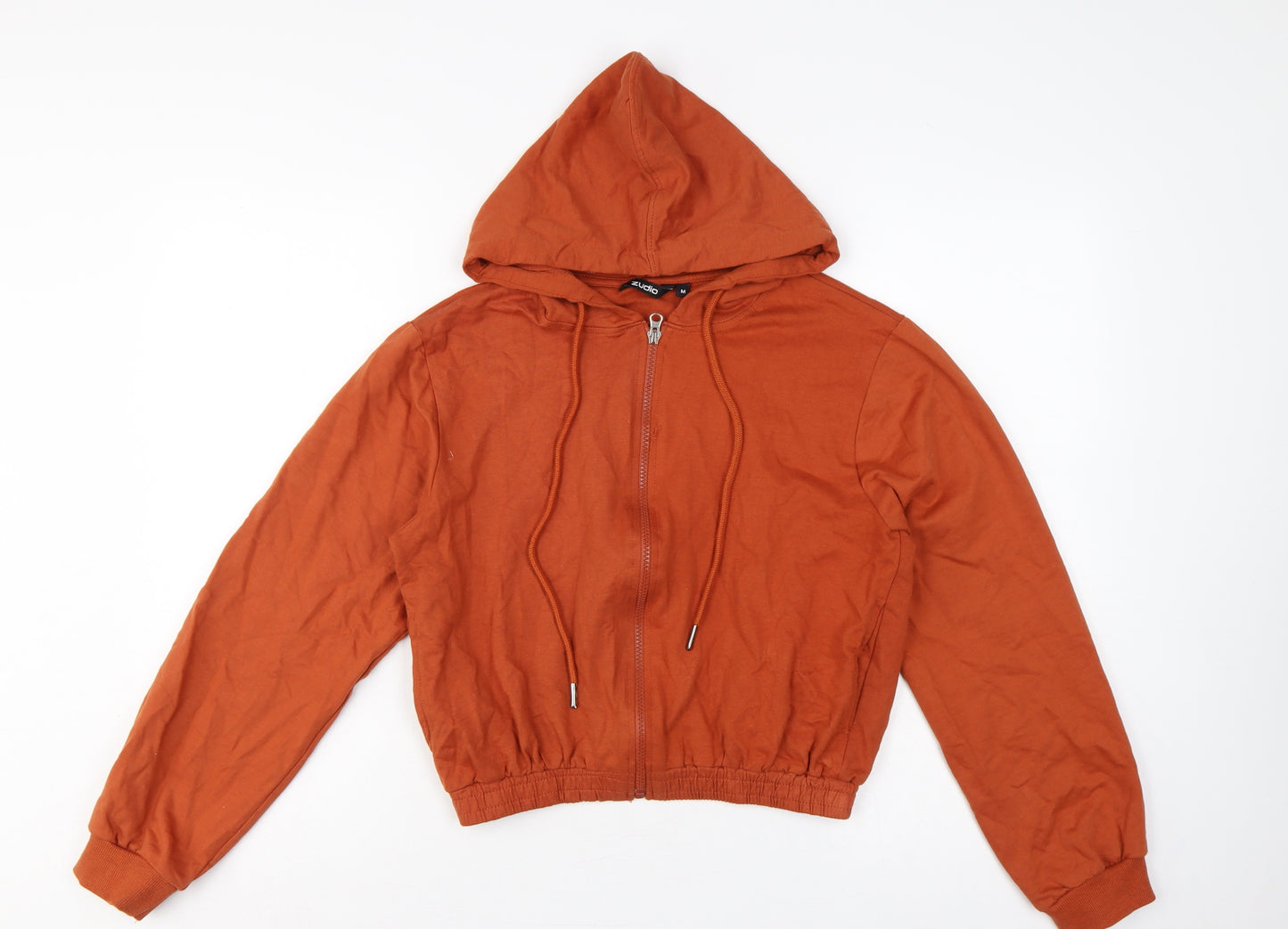 Zudio Women’s Orange M Full Zip Hooded Cotton Graphic Hoodie