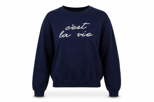 Front view of Oasis Women’s Blue S C’est La Vie Graphic Pullover Sweatshirt