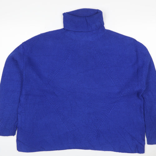 M&S Women’s Blue L Roll Neck Cable Knit Cotton Blend Jumper