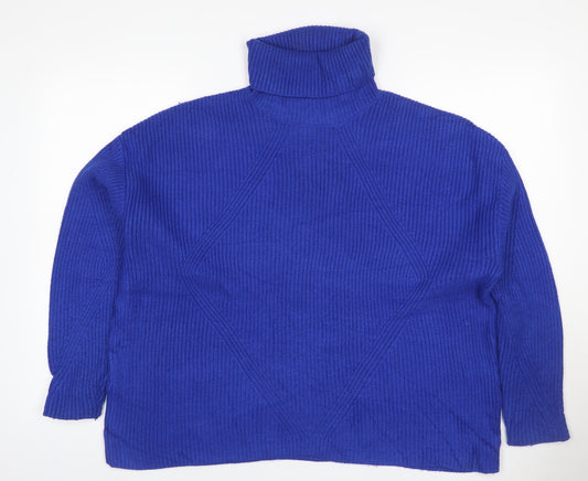 M&S Women’s Blue L Roll Neck Cable Knit Cotton Blend Jumper
